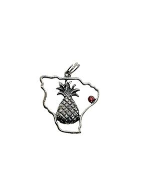 Silver Pineapple Outline Charm/ Small Pendant with Red Accent Gem Hospitality